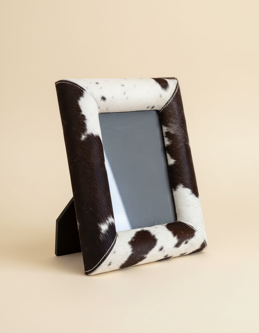 Black and white hair-on leather photo frame on its stand, angled view