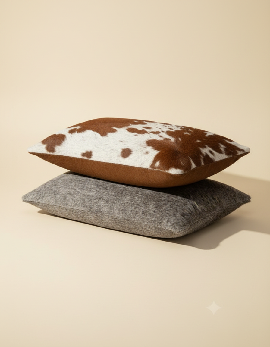 Brown and white lumbar cushion stacked on a grey hair-on lumbar cushion