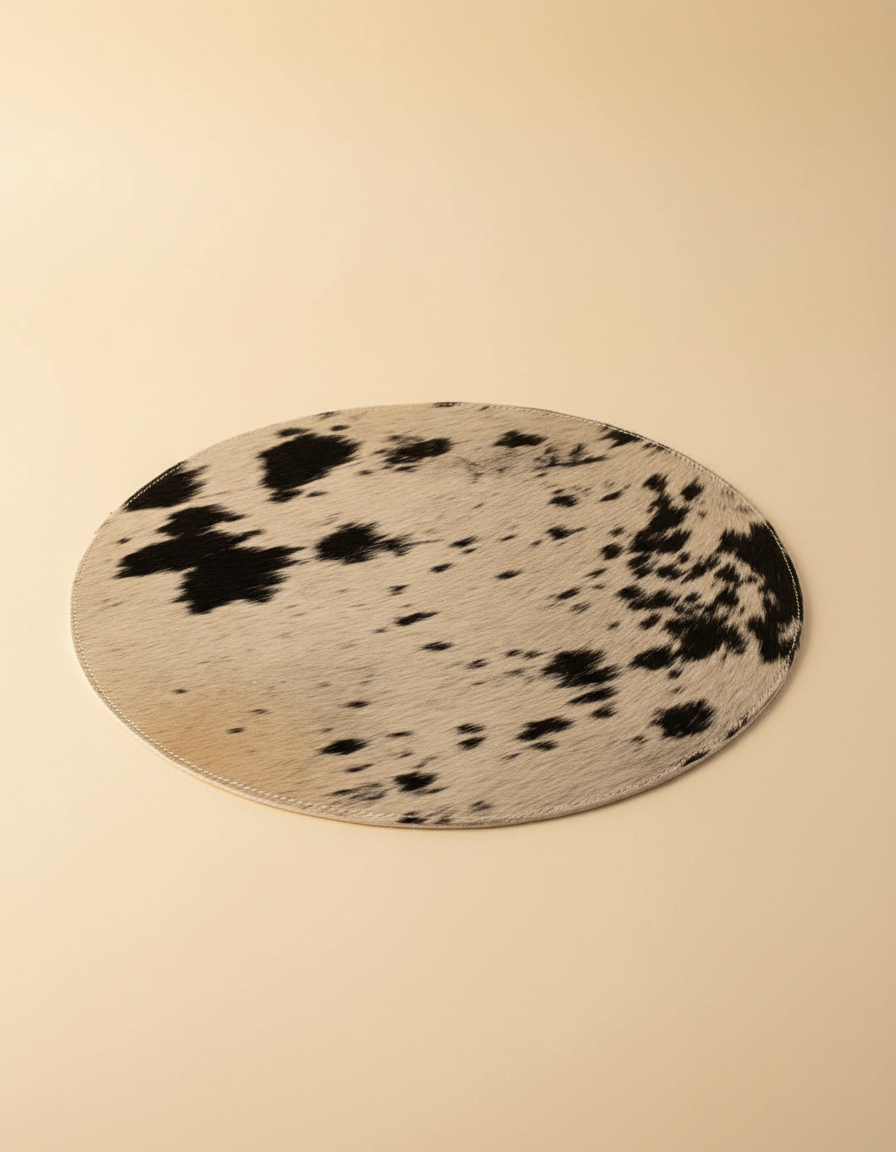 Round speckled hair-on rug, angled view