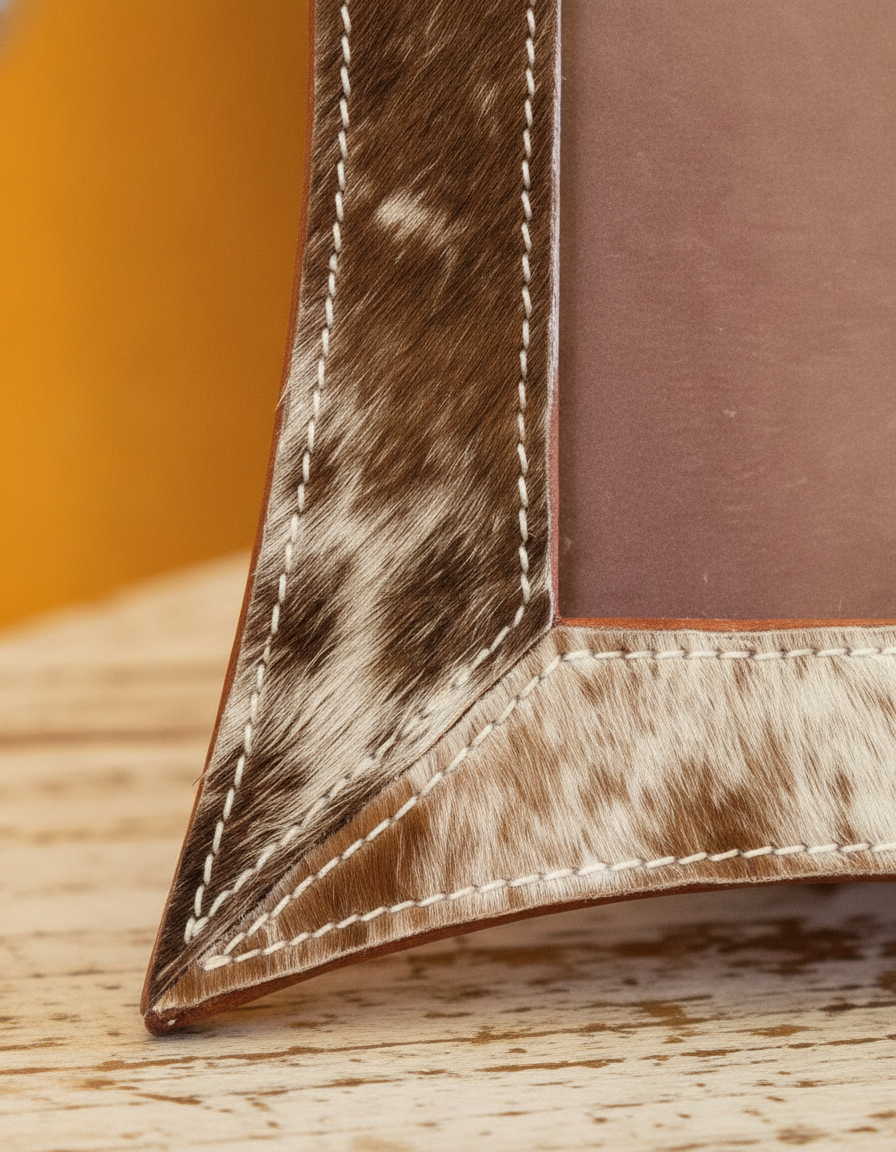 Close-up of contrast stitching on curved hair-on leather frame corner