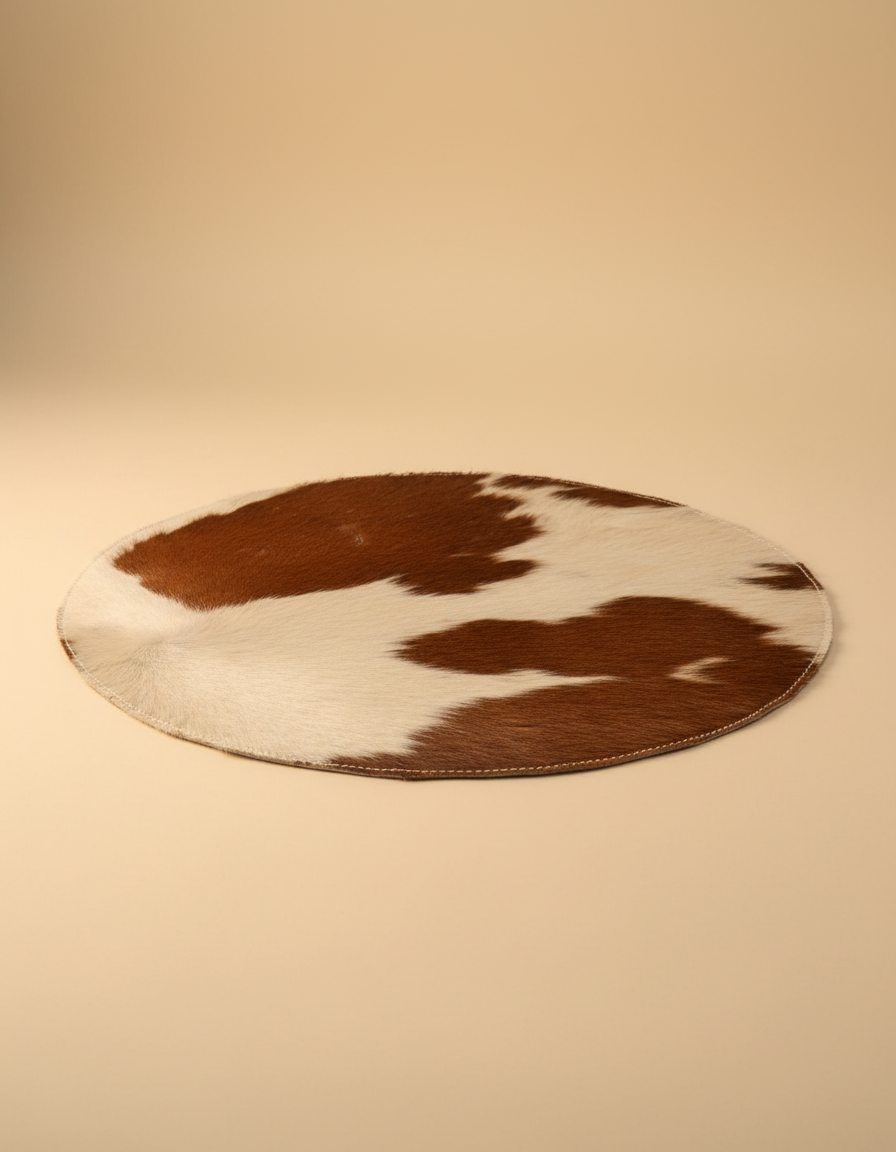 Round brown and white hair-on rug, angled view