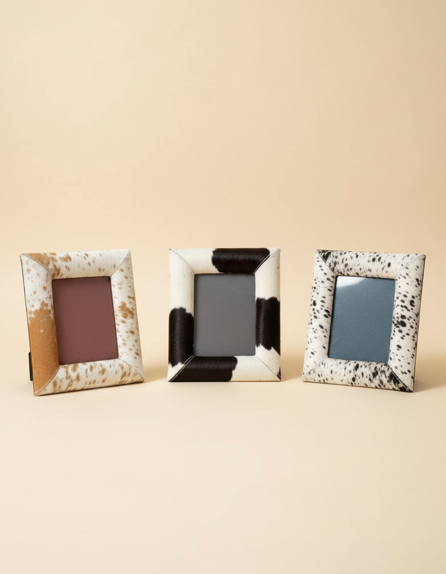 Three hair-on leather photo frames in tan, black and white, and speckled