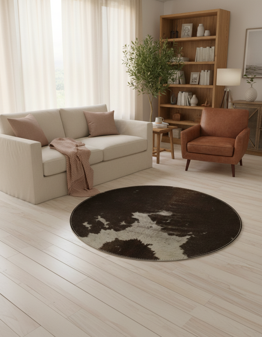 Round dark brown and white hair-on rug in a living room