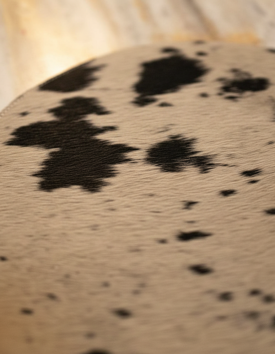 Close-up of speckled cream and black hair-on hide