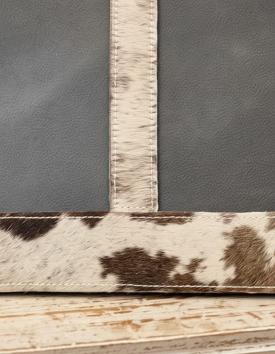 Close-up of stitched centre divider on hair-on double photo frame