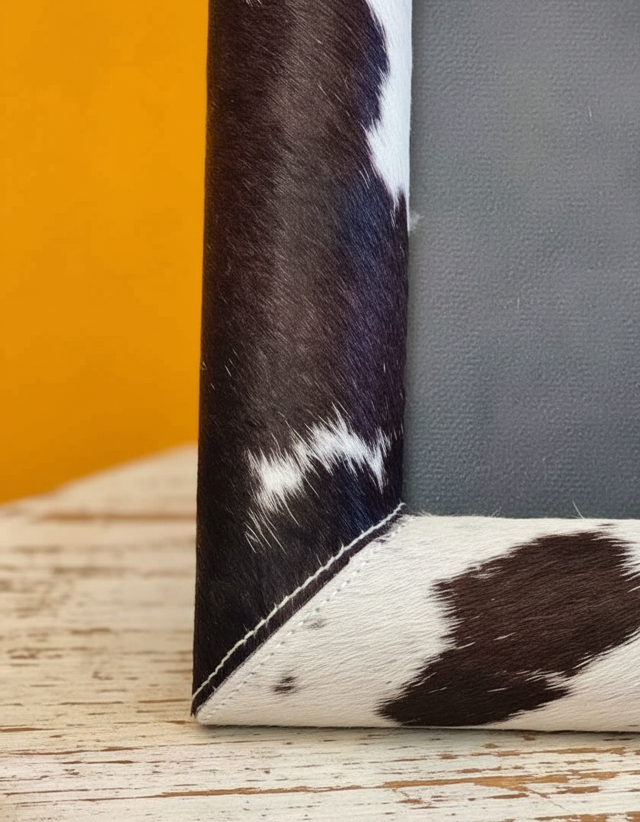 Close-up of black and white hair-on leather frame corner