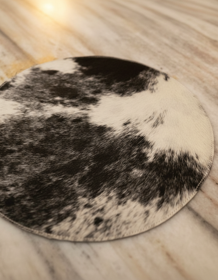 Close-up of salt and pepper markings on round hair-on rug