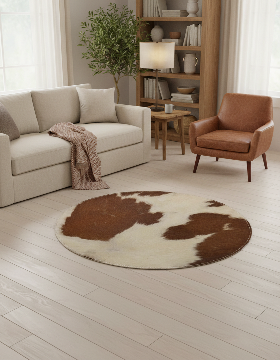 Round brown and white hair-on rug in a living room