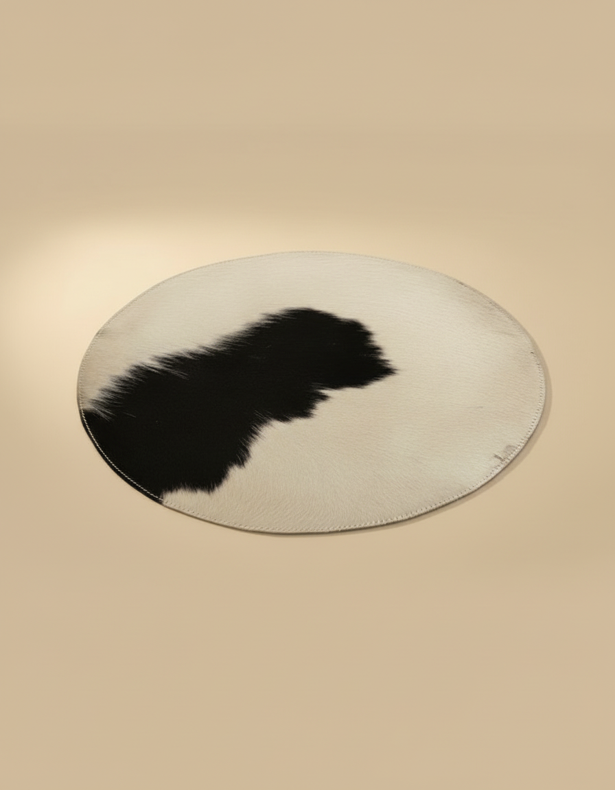 Round black and white hair-on rug, angled view