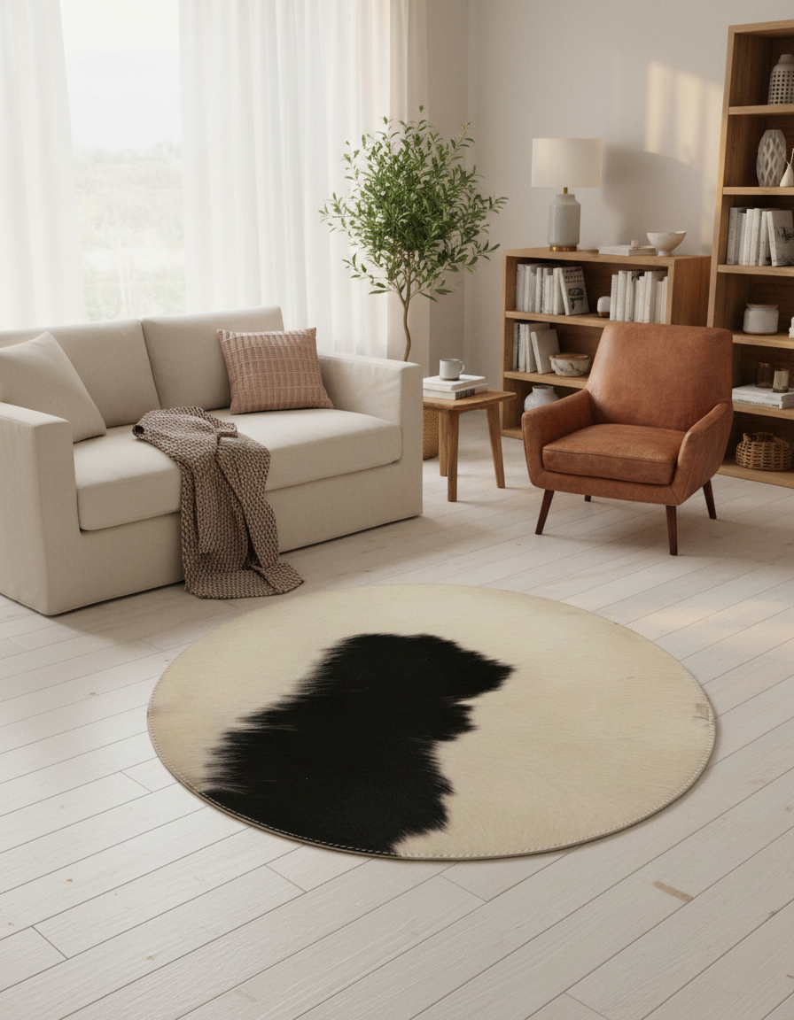 Round black and white hair-on rug in a living room