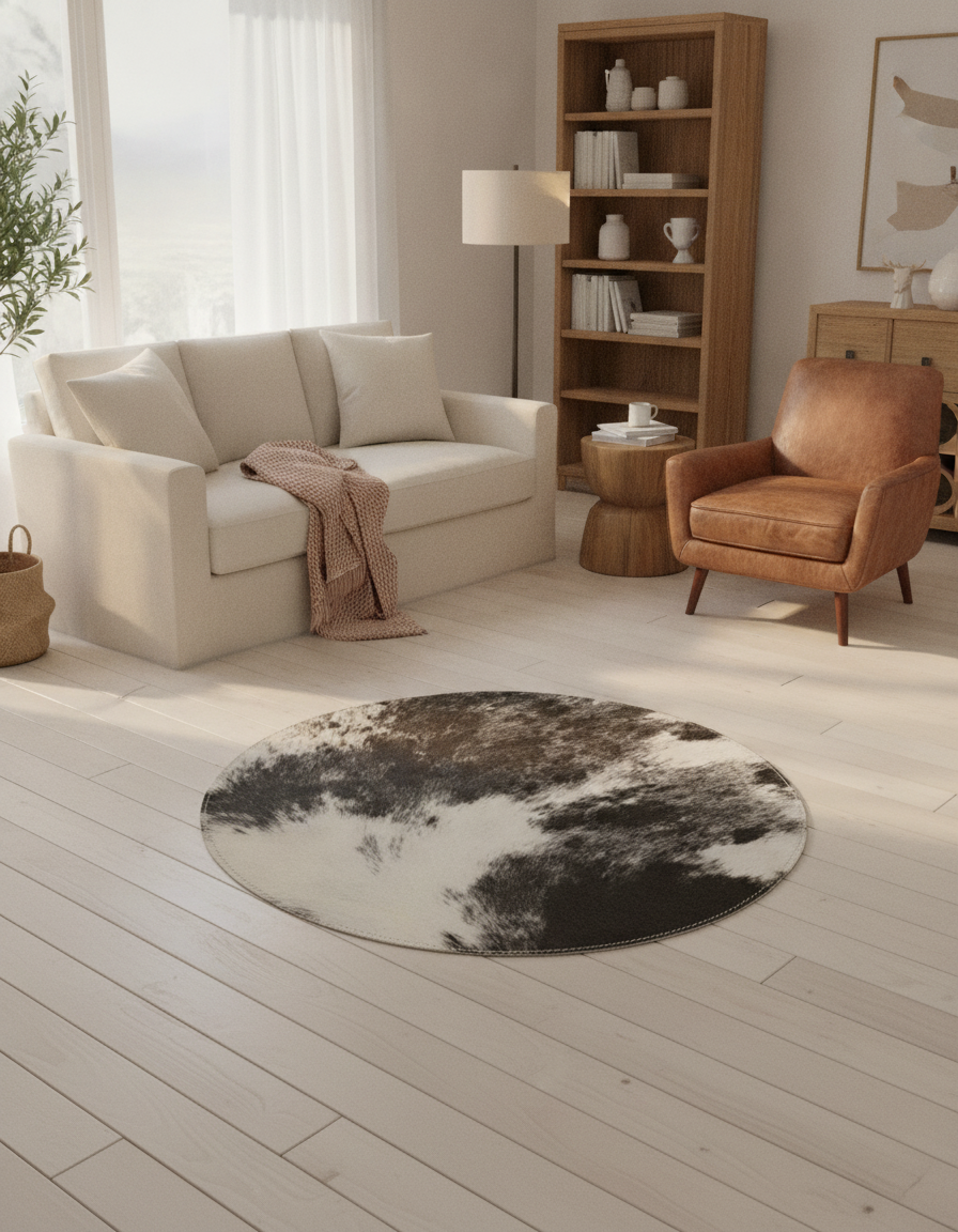 Round salt and pepper hair-on rug in a living room