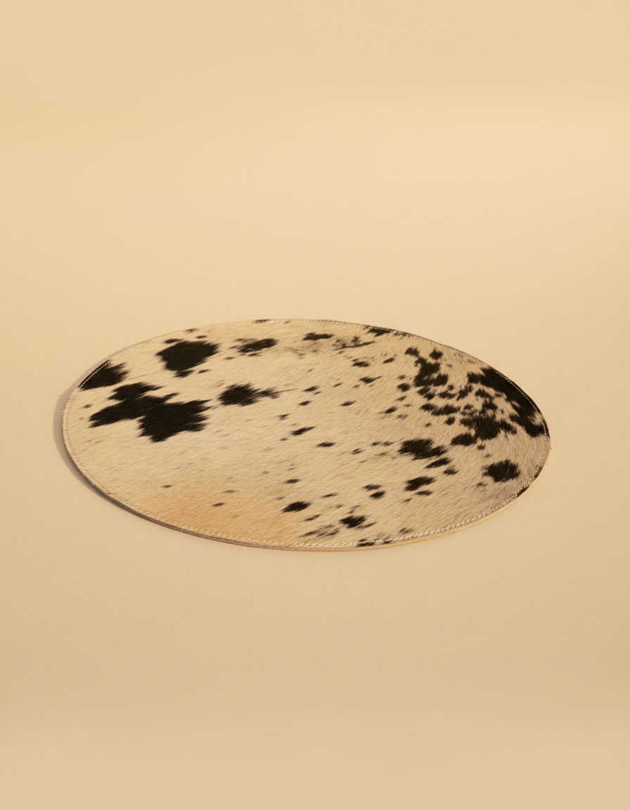 Round speckled hair-on rug, low angle