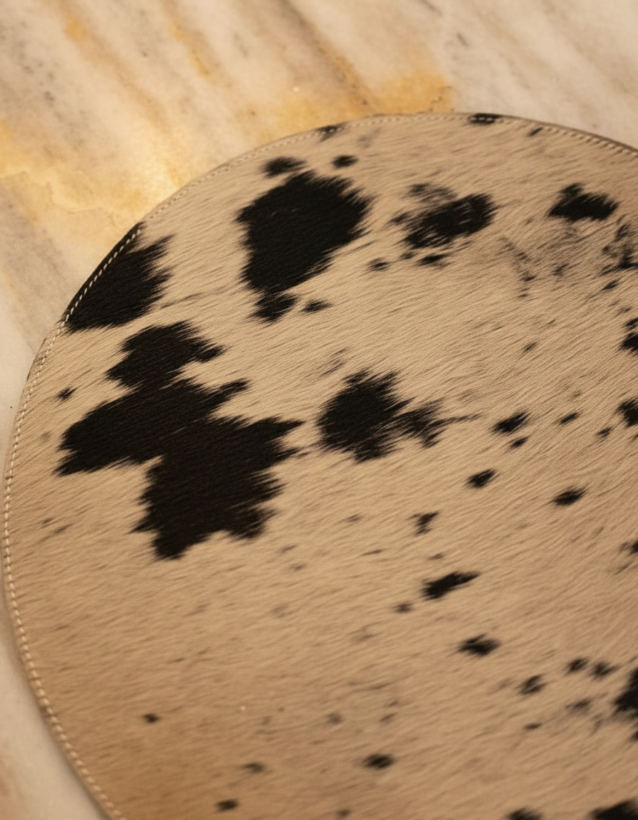 Close-up of black spots and stitched edge on speckled hair-on rug