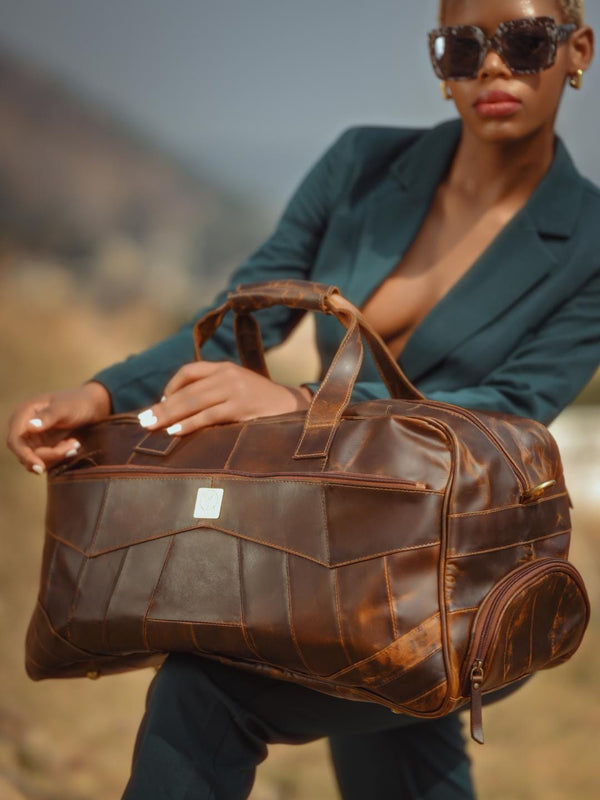 Hard-Waxed Leather Travel Duffle Bag: Shoe Compartment, Geometric Stitching