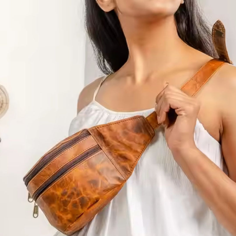 Leather hip bag styled for travel by Ya Qalbi