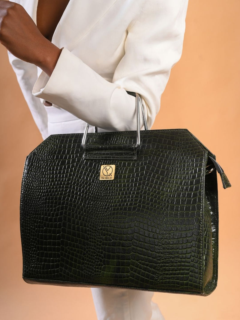 Premium green croc leather office bag by Ya Qalbi
