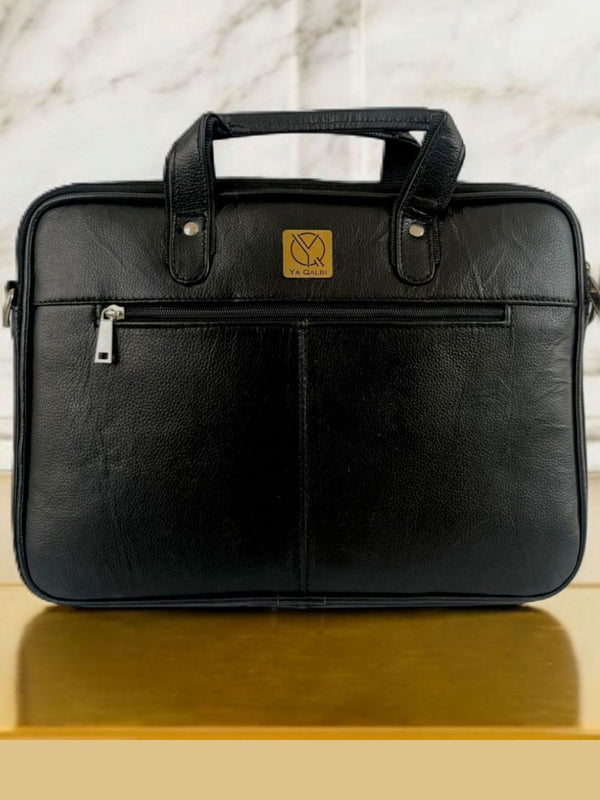 Black genuine leather laptop bag for office by Ya Qalbi