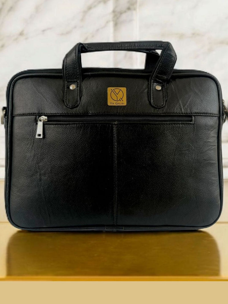 Black genuine leather laptop bag for office by Ya Qalbi