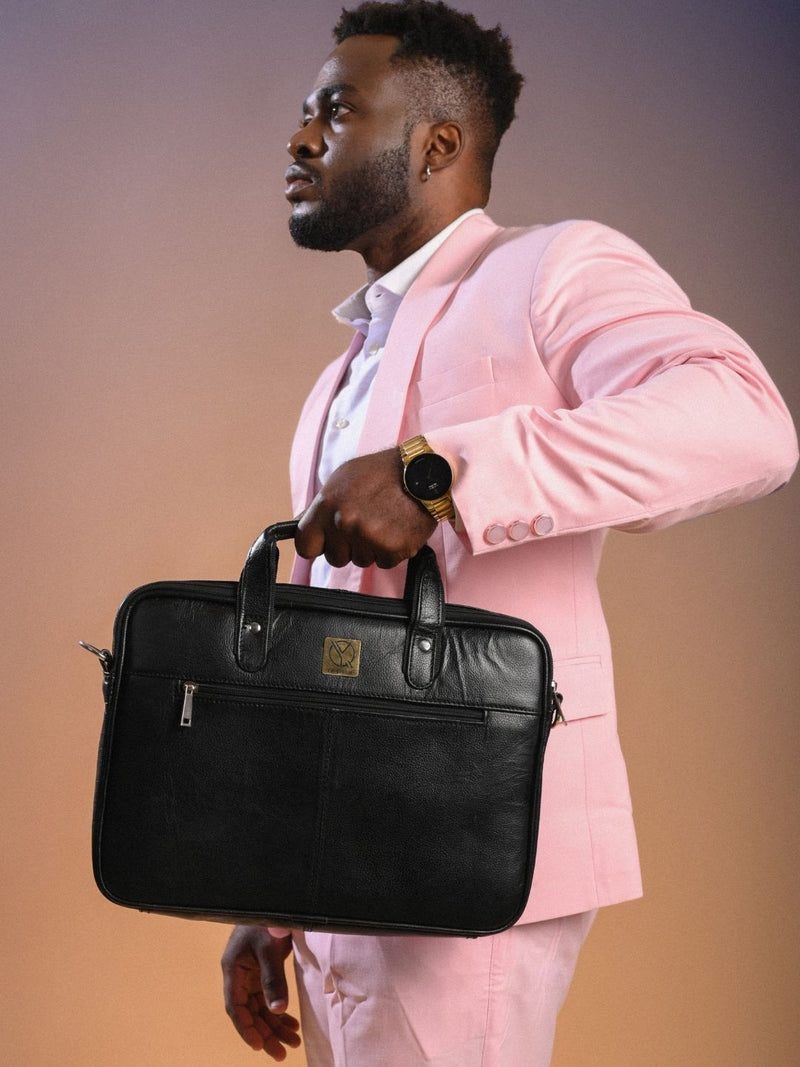 Premium black leather office bag with padded sleeve by Ya Qalbi