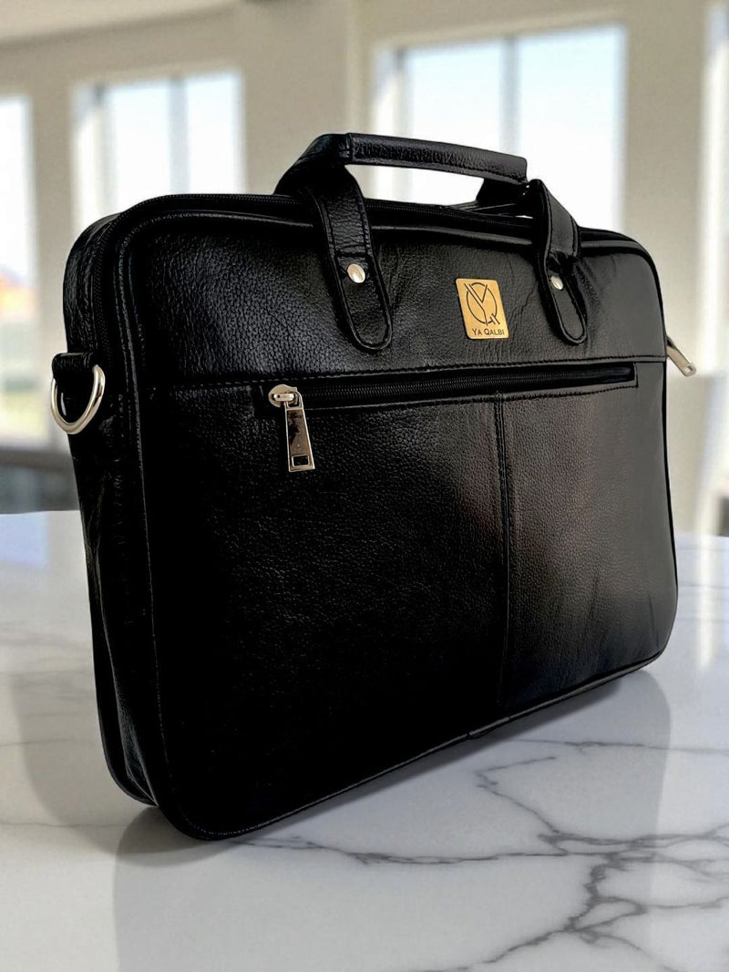 Professional black leather office bag detail by Ya Qalbi