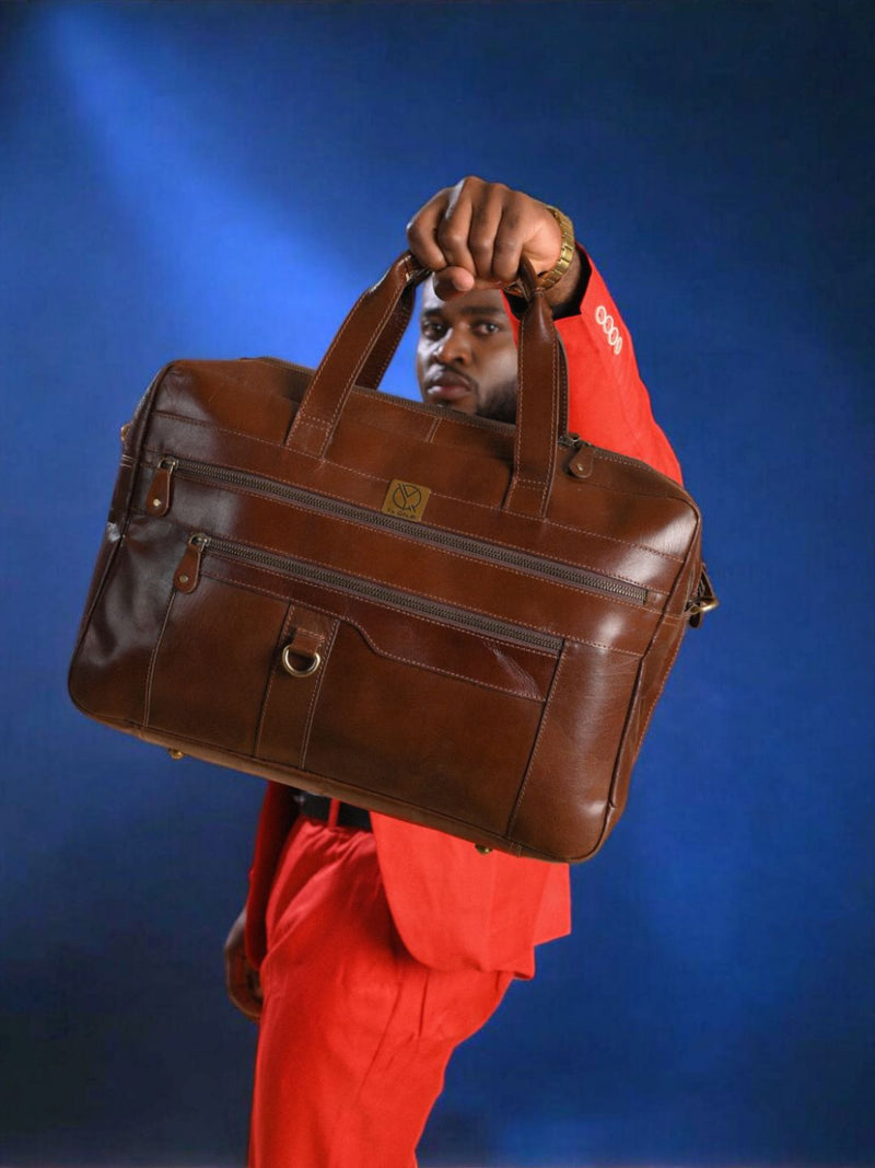 Rich Brown Full Grain Leather Laptop Bag – Padded Laptop Compartment & Multiple Organizers | Ya Qalbi