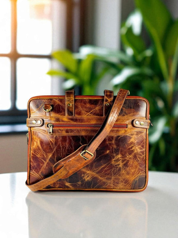 Tan Full Grain Leather Laptop Bag – Expandable & Padded Laptop Compartment | Ya Qalbi