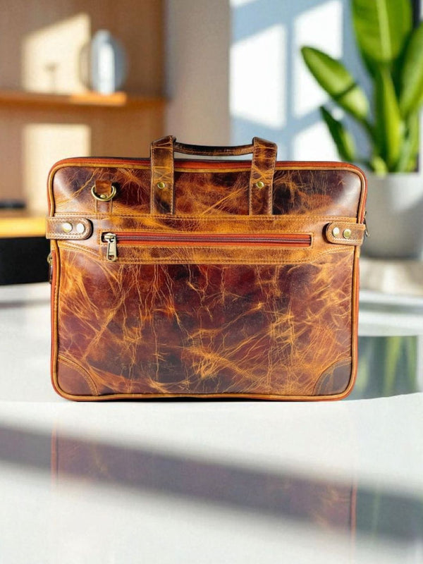 Tan Full Grain Leather Laptop Bag – Expandable & Padded Laptop Compartment | Ya Qalbi