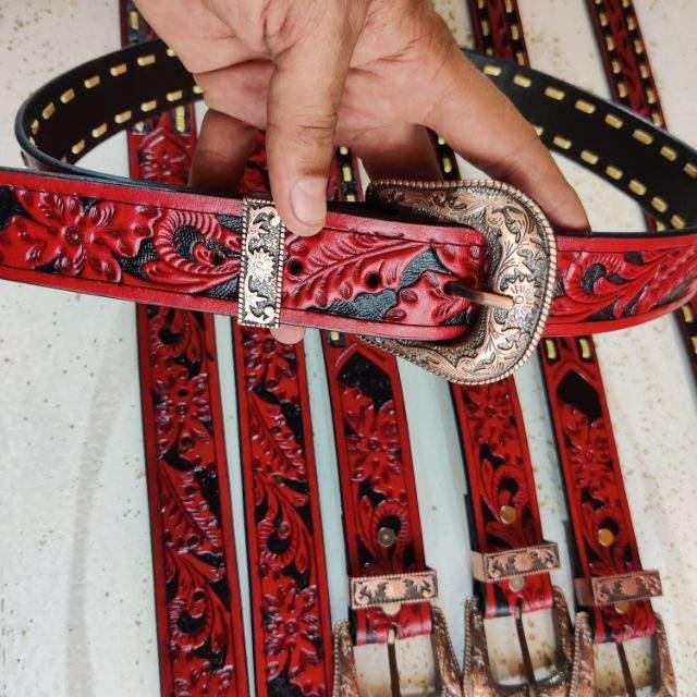 Hand Tooled Leather Belt with Designer Brass Buckle | Ya Qalbi