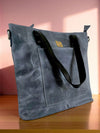Ya Qalbi Crunch Blue Full Grain Leather Tote Bag – Branded Office & Laptop Tote for Women