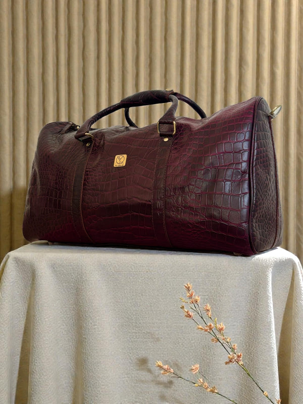Ya Qalbi Maroon Crocodile Texture Genuine Leather Weekender Bag – The Ultimate Travel Duffle for Men & Women