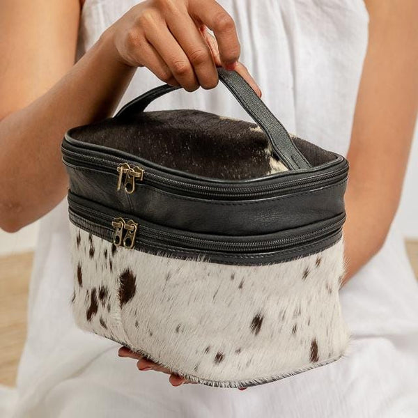 Hairon Leather Makeup Organizer: Double Compartment Cosmetic Bag