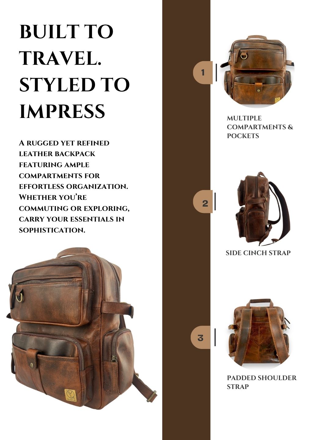Classic brown leather backpack feature guide: pockets, compartments and straps