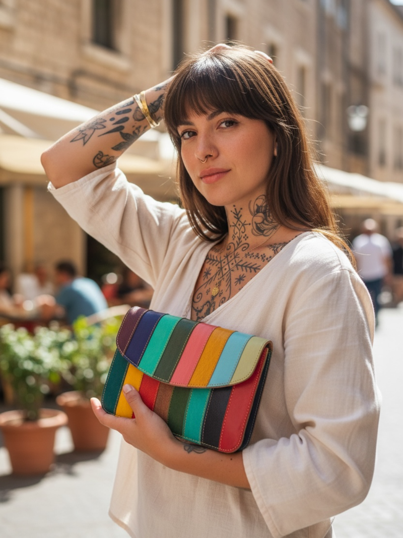 Woman holding a colorful striped clutch in an urban setting
