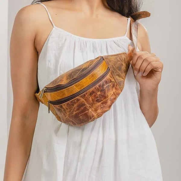 Boho leather hip bag with adjustable strap by Ya Qalbi