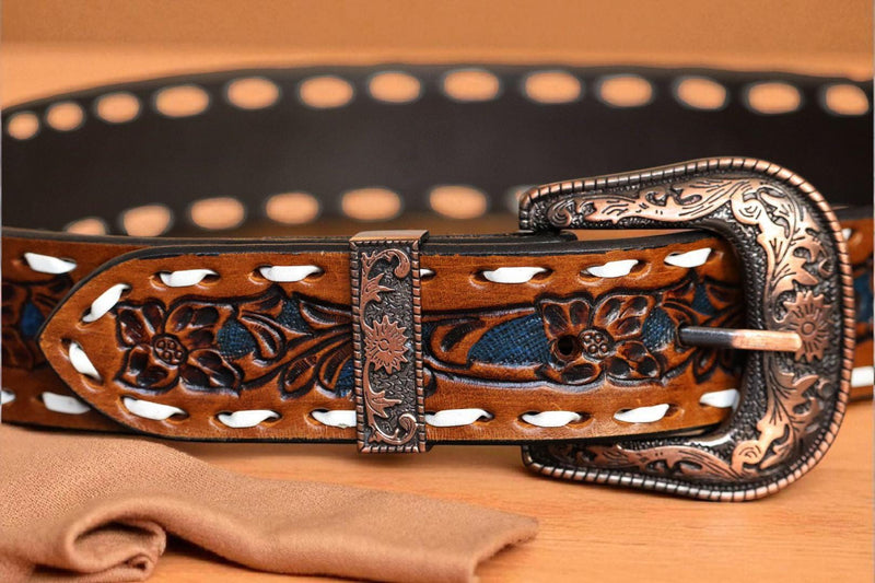 Hand Tooled Leather Belt with Designer Brass Buckle | Ya Qalbi