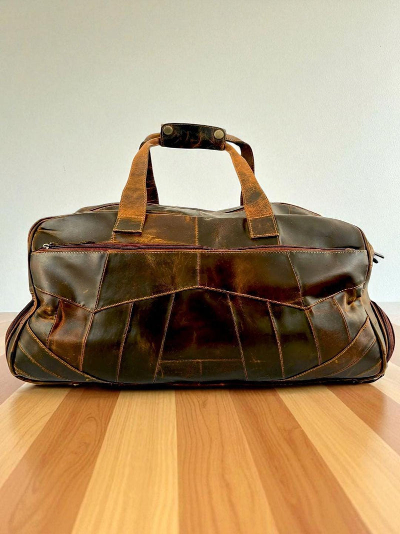 Hard-Waxed Leather Travel Duffle Bag: Shoe Compartment, Geometric Stitching