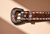 Full grain leather belt with hand carved floral and basketweave tooling