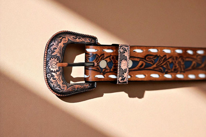 Full grain leather belt with hand carved floral and basketweave tooling