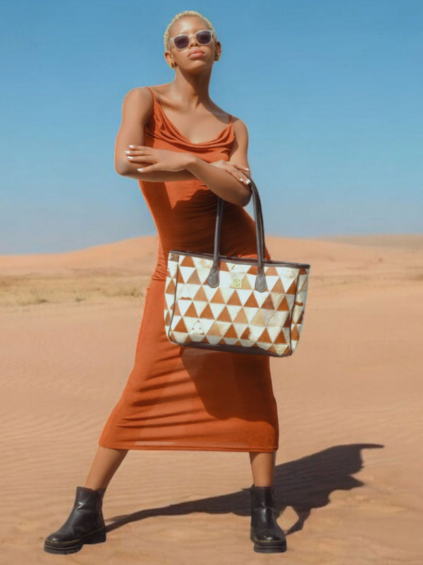 Ya Qalbi Full Grain Leather Tote Bag | Premium Office & Laptop Tote with Hairon Hide Patchwork