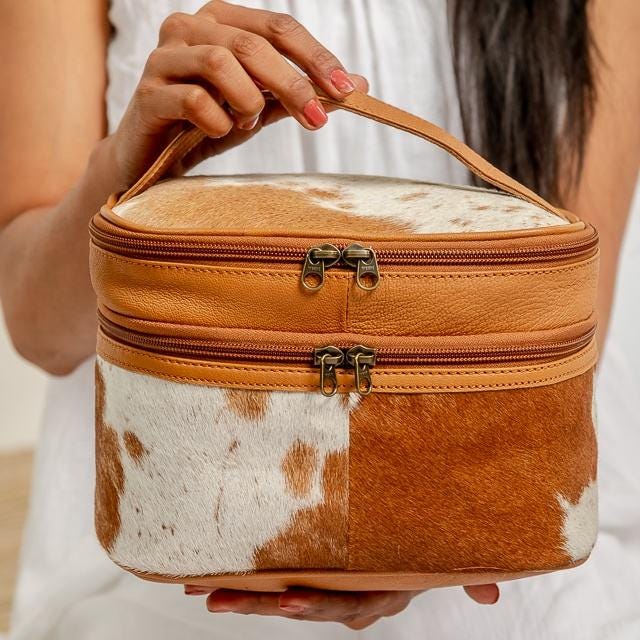 Hairon Leather Makeup Organizer: Double Compartment Cosmetic Bag