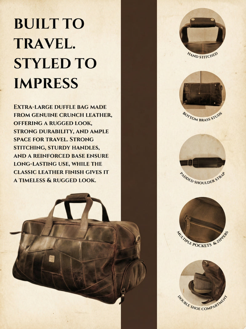 Brown leather duffel bag feature highlights by Ya Qalbi