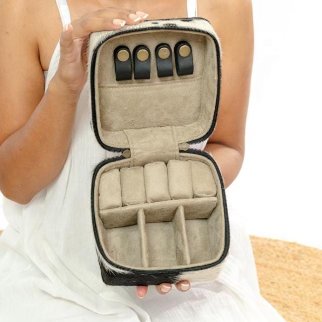 Cowhide Jewelry Box – Tooled Leather Trim, Travel Case