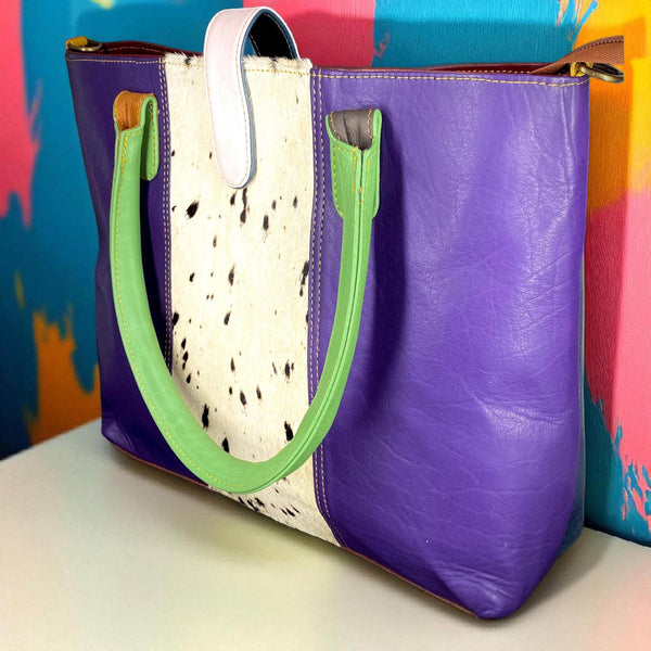 Colorful Leather Tote Bag: Bohemian Hair-On Detail