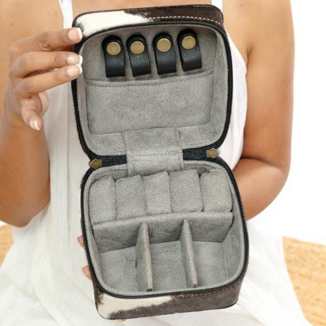 Cowhide Jewelry Box – Tooled Leather Trim, Travel Case