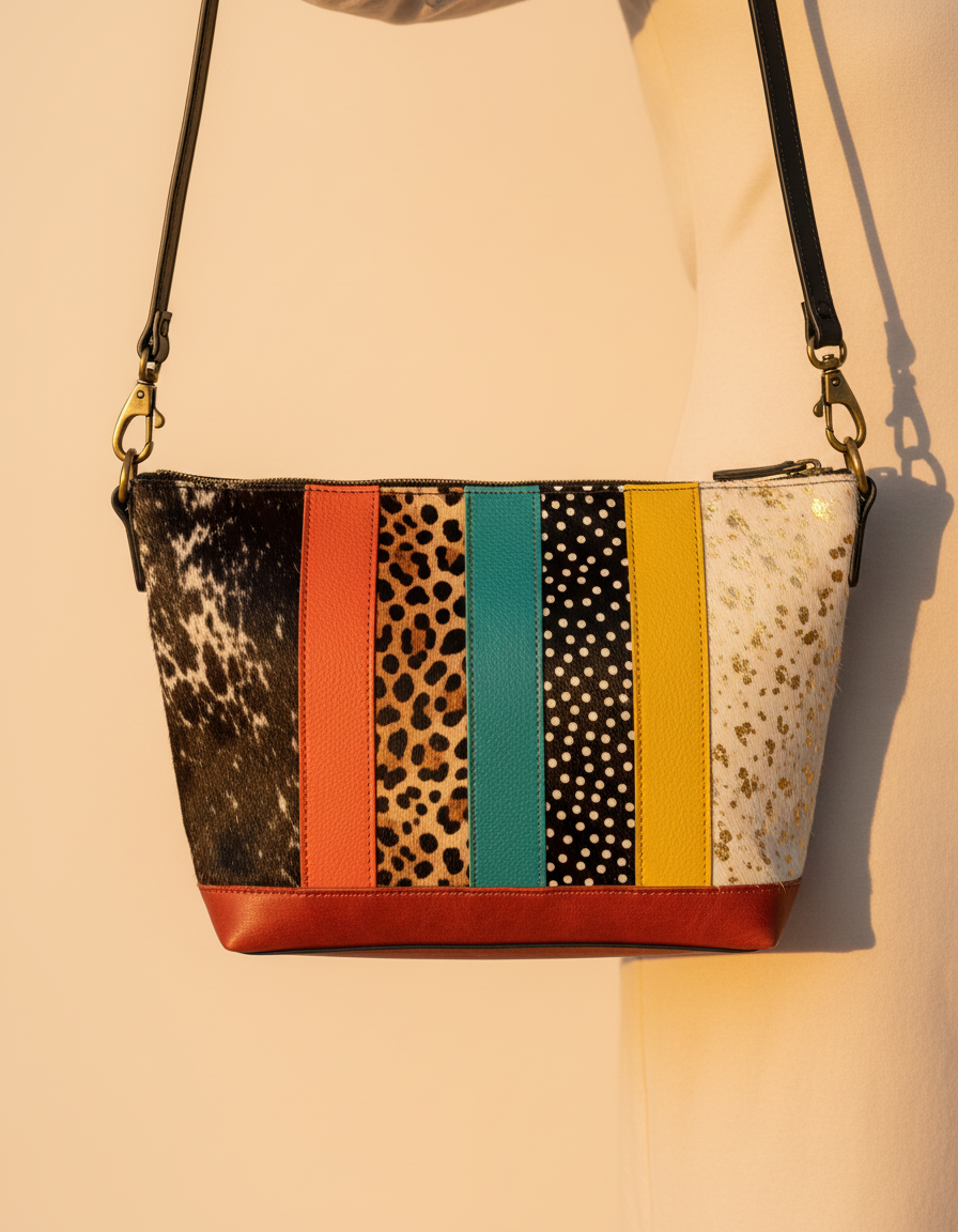 One-of-one animal print hair-on patchwork crossbody by Ya Qalbi (cowhide)