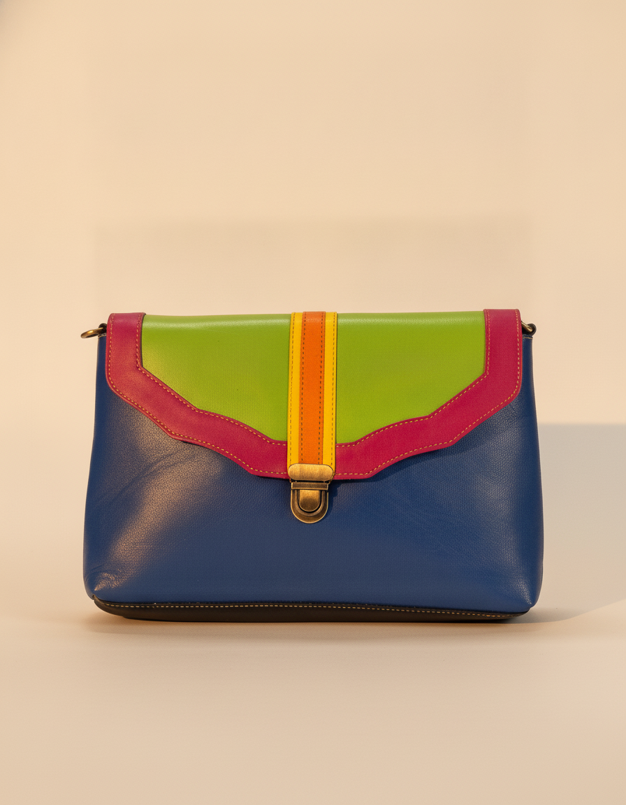 One-of-one blue, lime and pink wave flap leather crossbody by Ya Qalbi