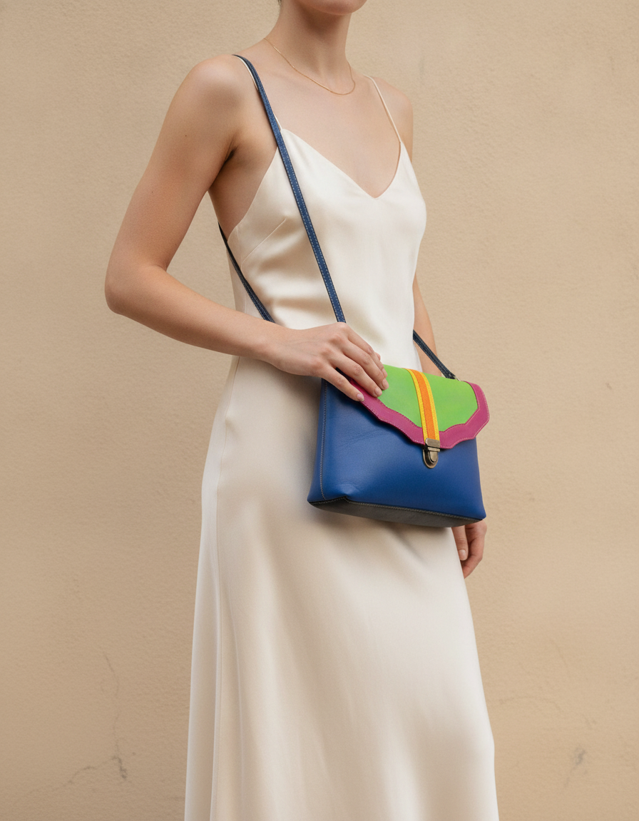 Woman wearing blue, lime and pink wave flap crossbody