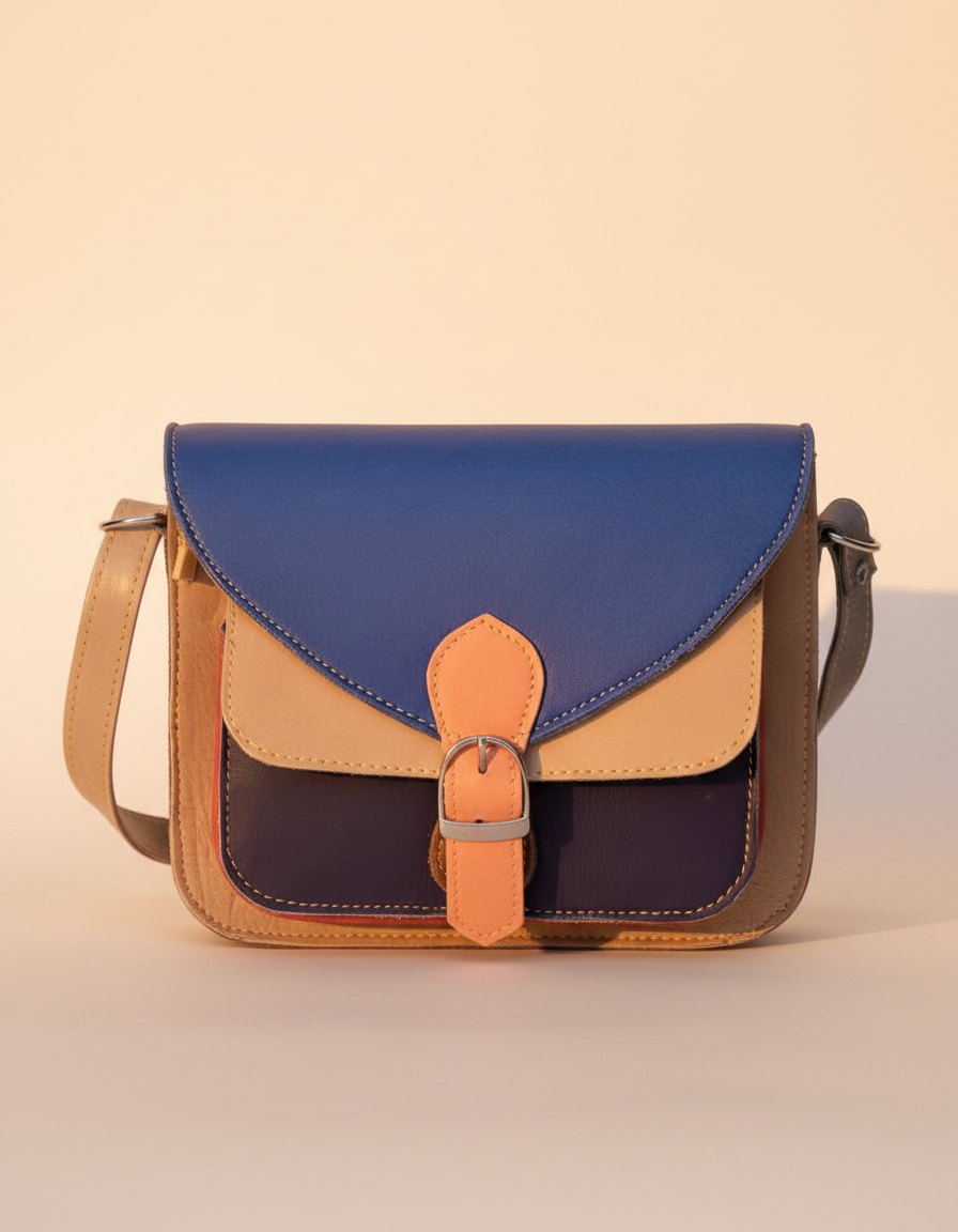 One-of-one mini leather satchel, blue peach navy satchel colourway