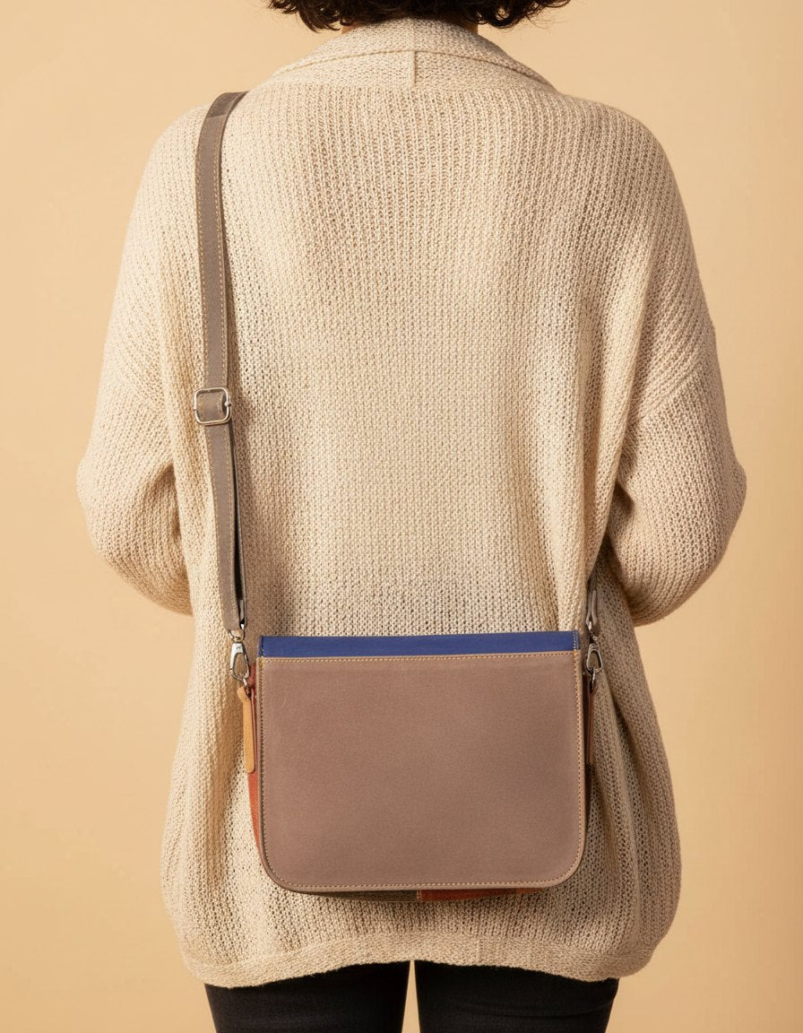 One-of-one mini leather satchel, blue peach navy satchel colourway
