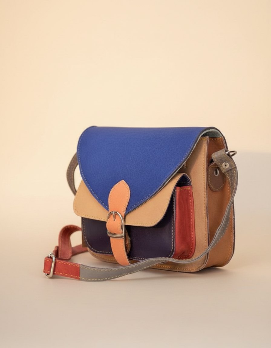 One-of-one mini leather satchel, blue peach navy satchel colourway